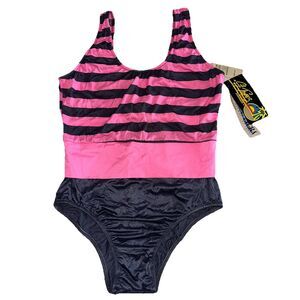 Vtg 80's Pink Gray Striped One Piece Swimsuit NEW Made In USA Workout Leotard